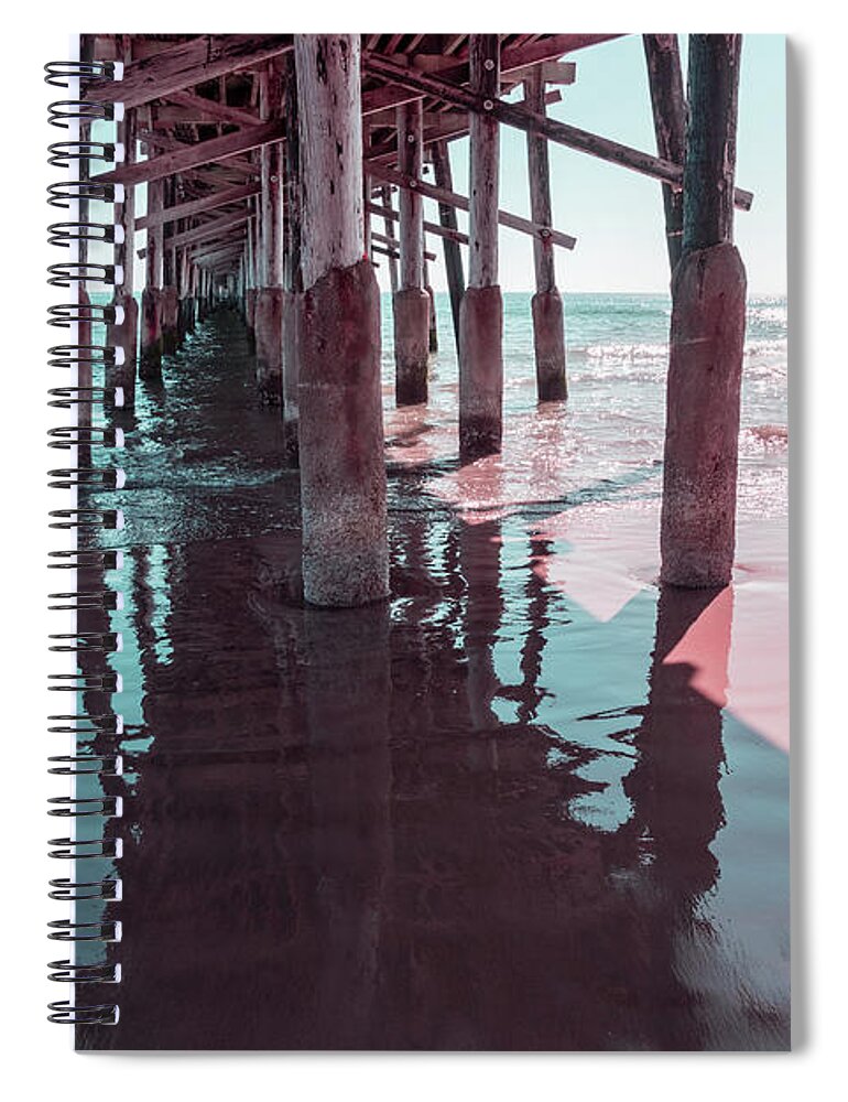 Silky Reflection Spiral Notebook featuring the photograph Silky Reflections in Mint Green and Pink - Californian Cool Under the Newport Beach Pier by Georgia Mizuleva