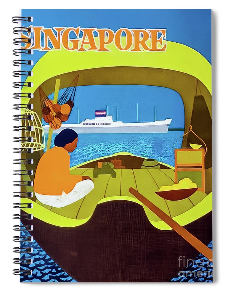 Boat Spiral Notebook featuring the drawing Singapore Travel Poster 1958 by M G Whittingham