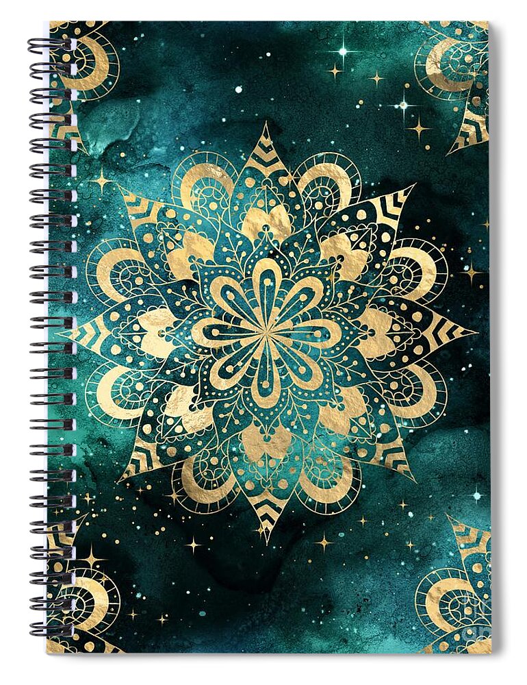 Watercolor Spiral Notebook featuring the digital art Sirana - Teal Gold Watercolor Mandala Galaxy Dharma Pattern by Sambel Pedes