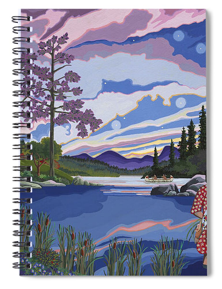 Native Americanartwork Spiral Notebook featuring the painting Sisters Wildcrafting at Dawn by Chholing Taha