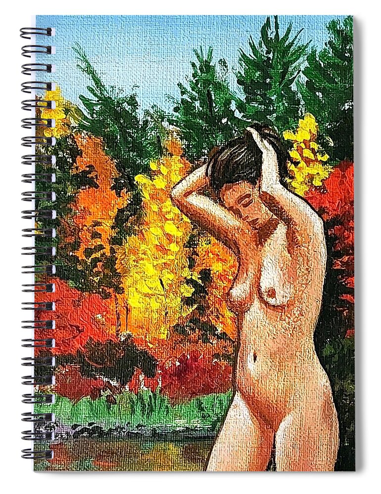  Spiral Notebook featuring the painting Skinny Dipping in Walden pond by James RODERICK
