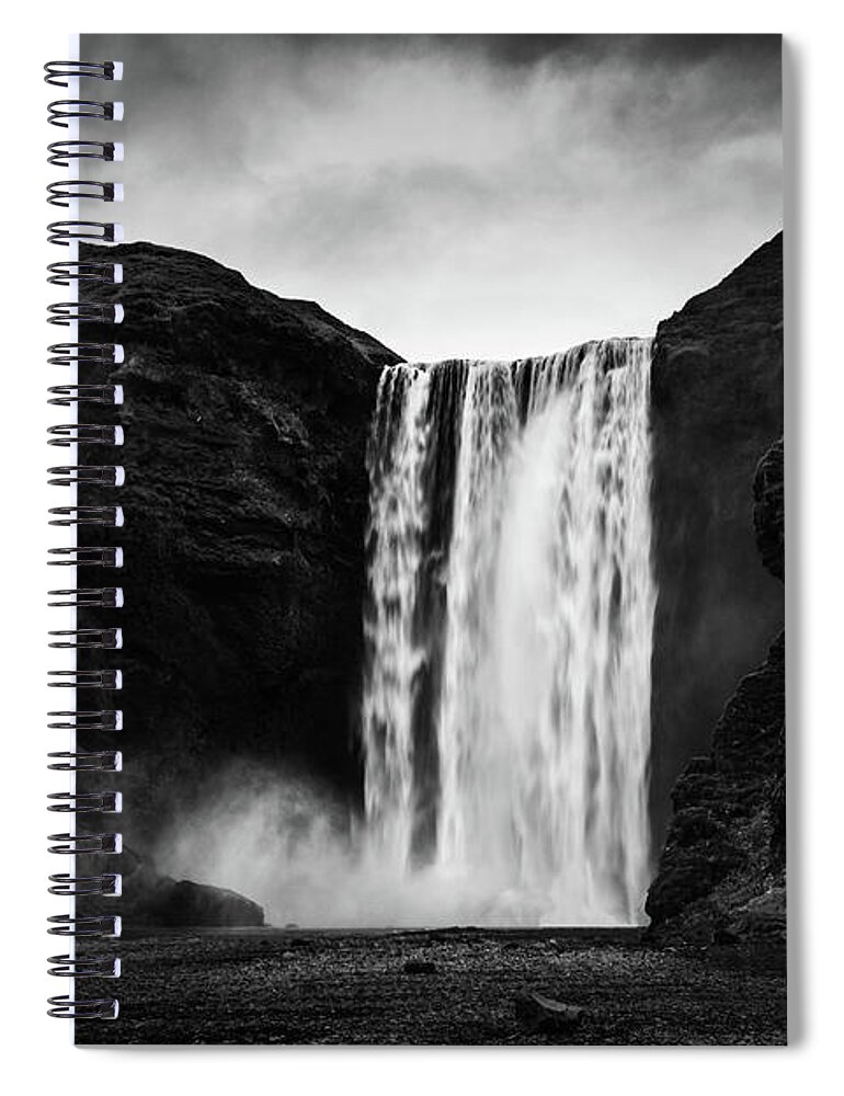Skogafoss Spiral Notebook featuring the photograph Skogafoss Waterfall in Iceland in Black and White by Alexios Ntounas