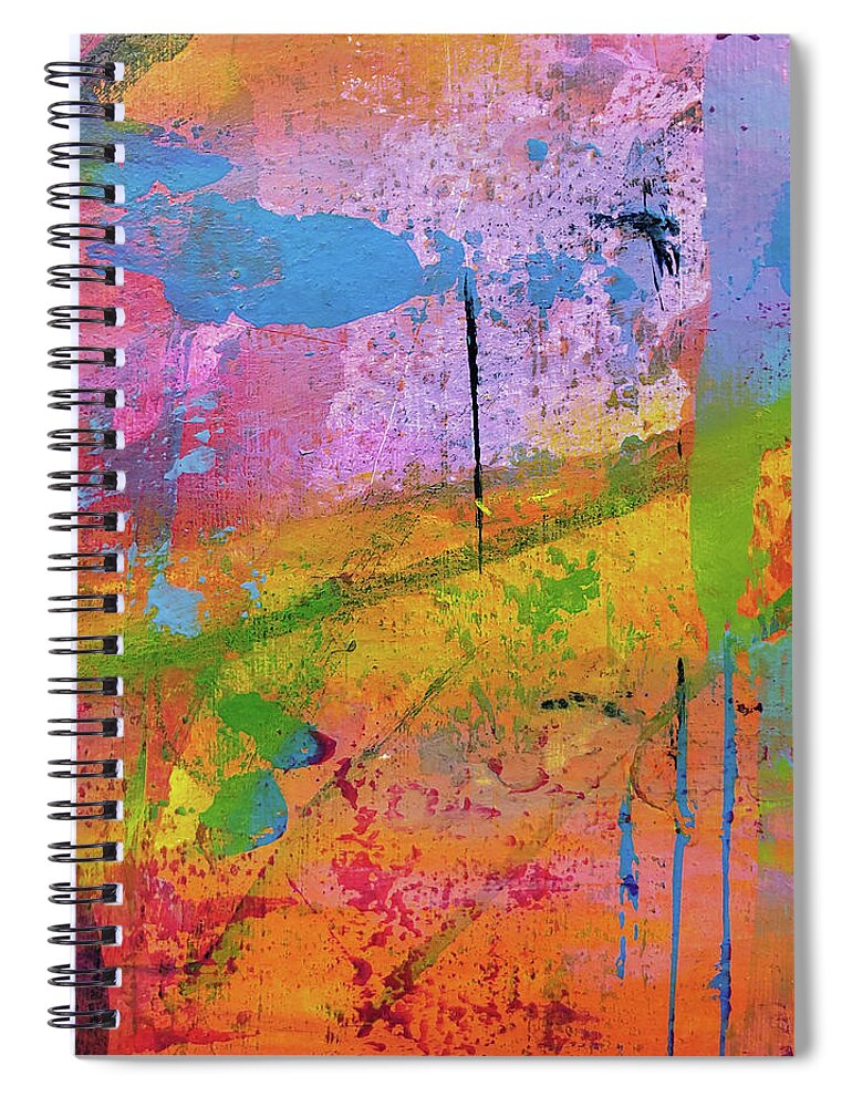 Bright Spiral Notebook featuring the painting SKOV Danish Forest Abstract Painting Red Yellow Orange Pink Blue by Lynnie Lang