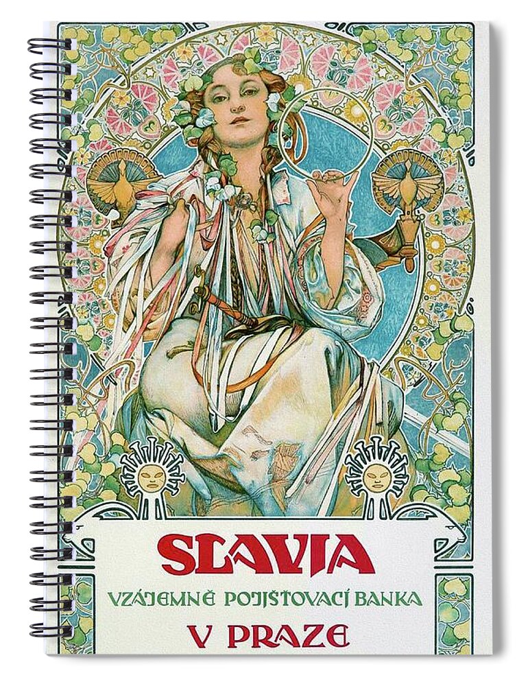 Poster Spiral Notebook featuring the painting Slavia 1907 Mucha Art Nouveau Poster by Vincent Monozlay