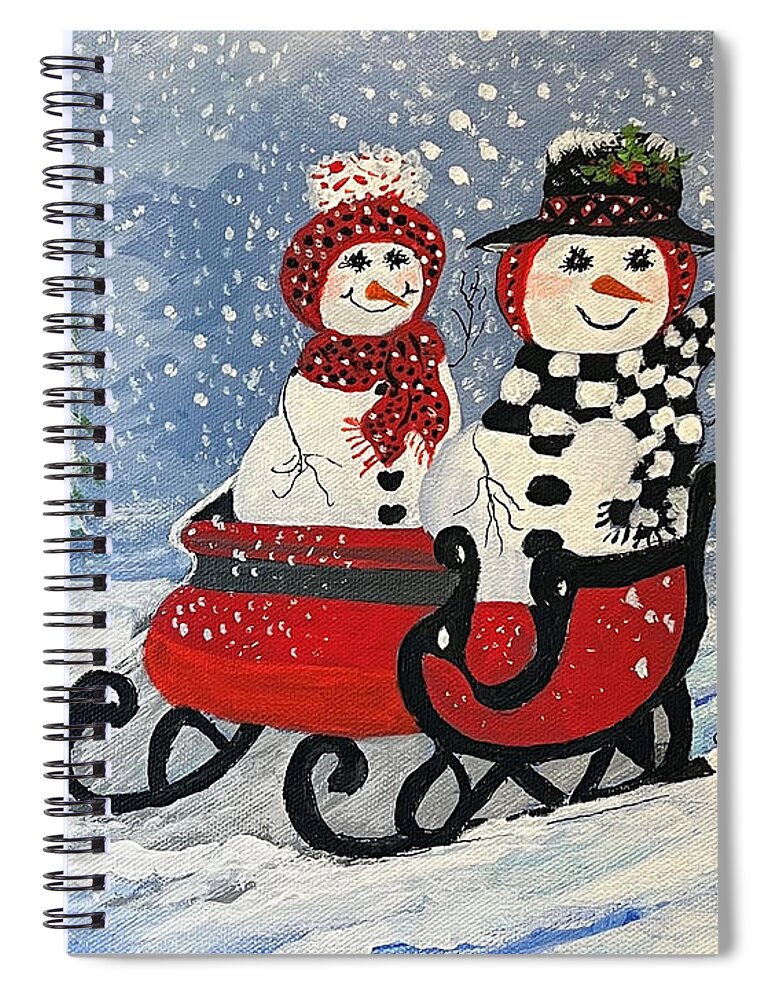 Snowman Spiral Notebook featuring the painting Sleighride in the Snow by Juliette Becker