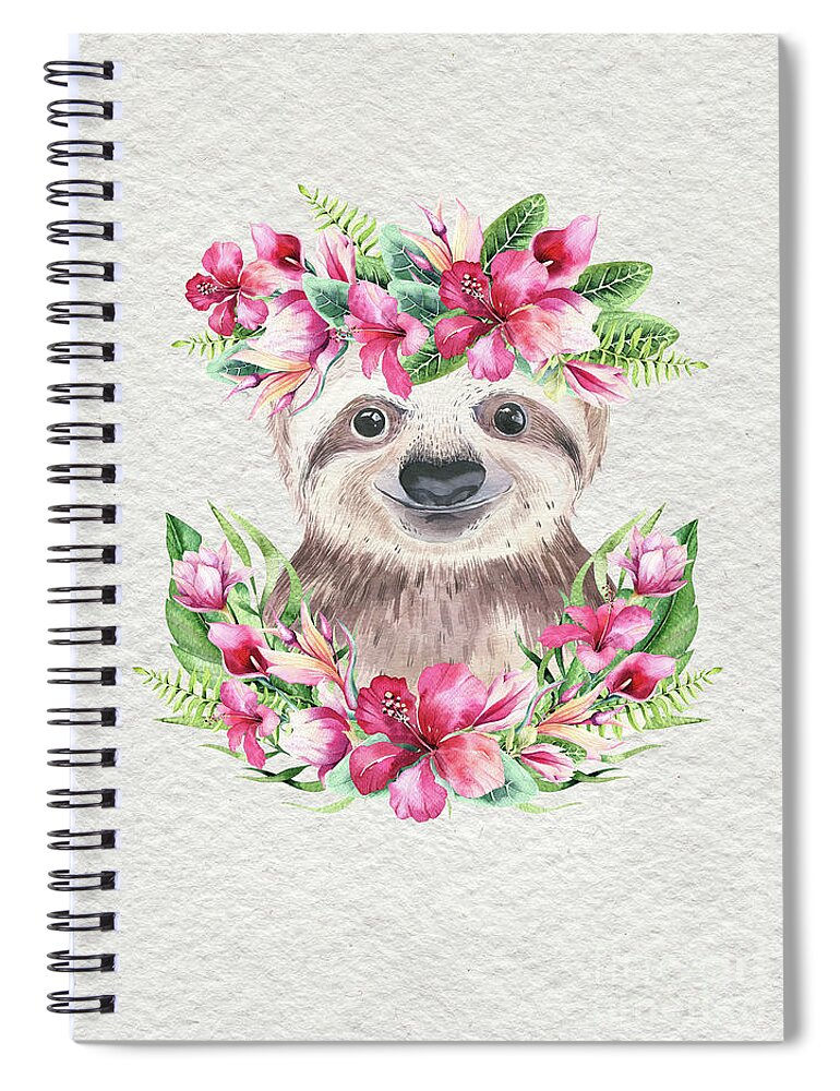 Sloth With Flowers Spiral Notebook featuring the painting Sloth With Flowers by Nursery Art
