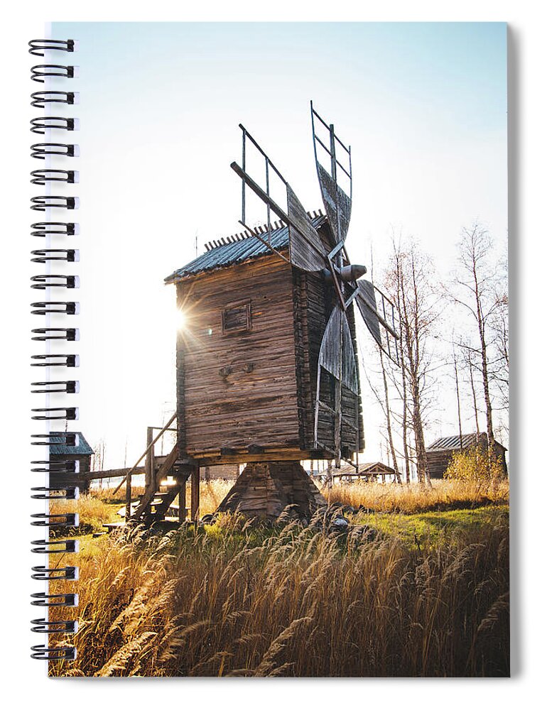 Medieval Spiral Notebook featuring the photograph Small wooden mill with beautiful sun star by Vaclav Sonnek