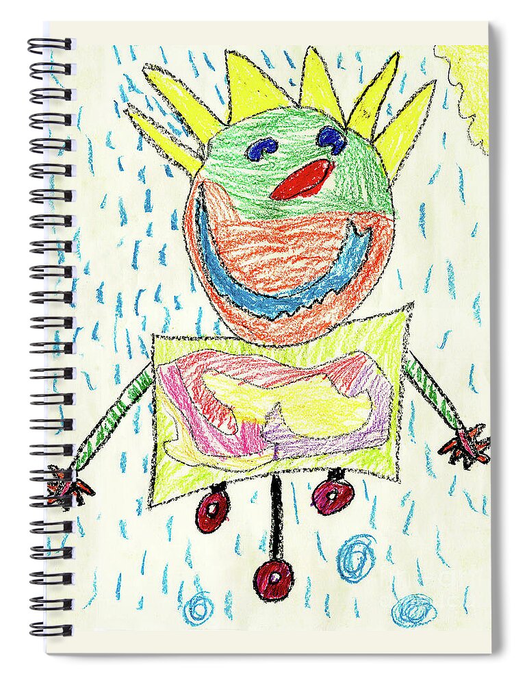 Smiling Robot Art By Kids Sun And Rain Yellow Green Orang Blue Child Spiral Notebook featuring the painting Smiling Robot by Nick Abrams Age 7