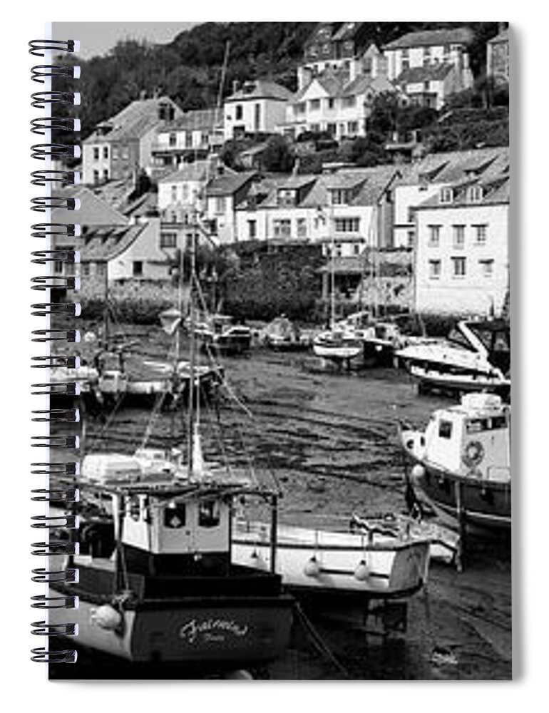 Coast Spiral Notebook featuring the photograph Smugglers Cove Polperro Fishing Harbour Black and White 2 by Sonny Ryse