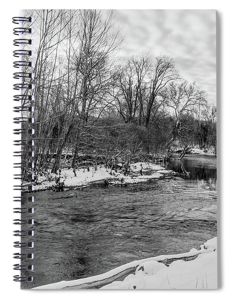 Black And White Spiral Notebook featuring the photograph Snow Beauty James River Grayscale by Jennifer White