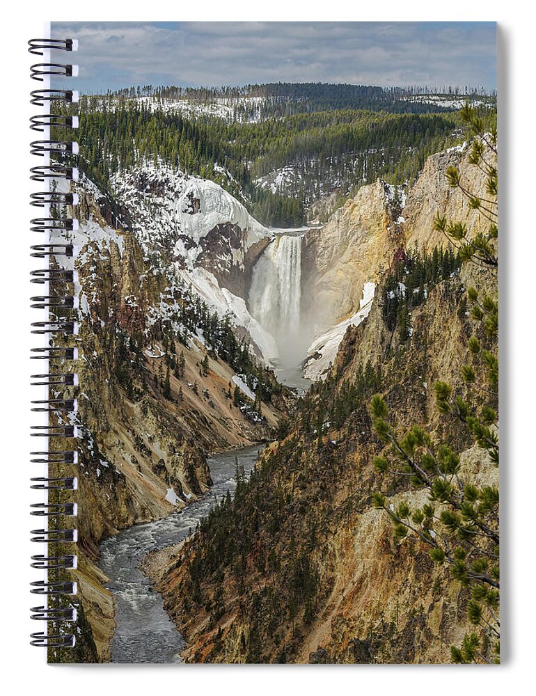 Yellowstone National Park Spiral Notebook featuring the photograph Snow On The Falls by Yeates Photography