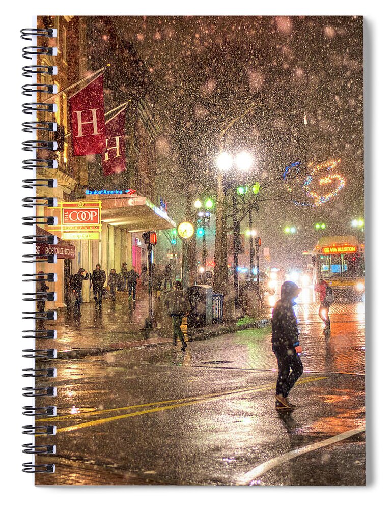 Harvard Spiral Notebook featuring the photograph Snowfall in Harvard Square Cambridge MA COOP Square by Toby McGuire