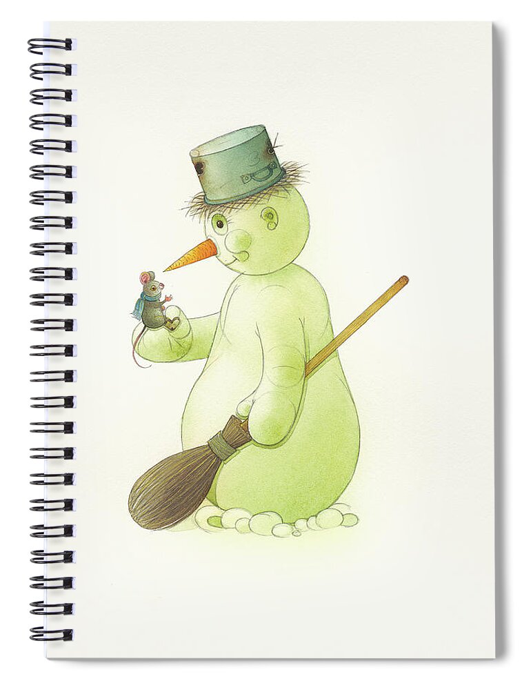 Snowman Snow Mouse Winter Christmas Holydays Christmascards Spiral Notebook featuring the drawing Snowman and Mouse by Kestutis Kasparavicius