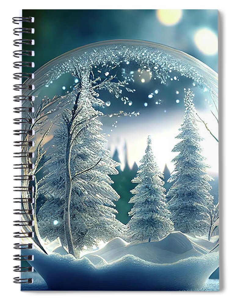 Winter Spiral Notebook featuring the digital art Snowy glass ball with winter forest covered with snow. Holiday s by Jelena Jovanovic