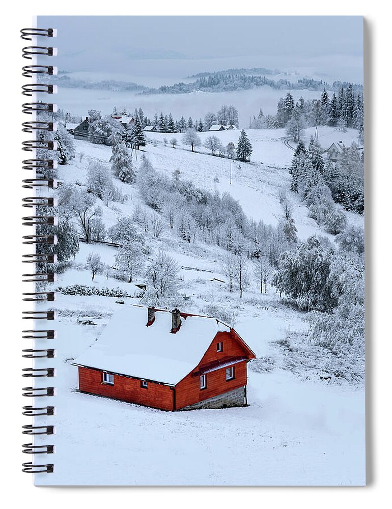 Landscape Spiral Notebook featuring the photograph Snowy landscape with little red House by Jaroslaw Blaminsky