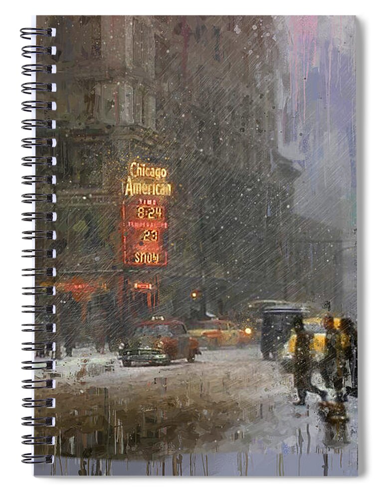 Chicago Spiral Notebook featuring the mixed media Snowy Morning - Chicago American 1952 by Glenn Galen