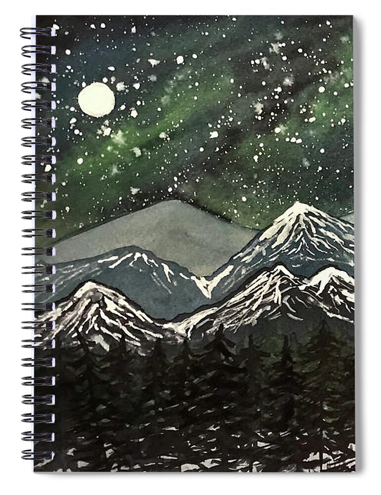 Snowy Mountains Spiral Notebook featuring the painting Snowy Mountains with Aurora by Lisa Neuman