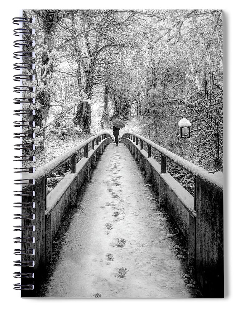 Bridge Spiral Notebook featuring the photograph Snowy Walk in Black and White by Debra and Dave Vanderlaan