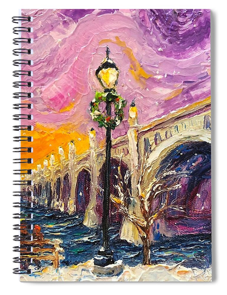 Lancaster Spiral Notebook featuring the painting Snowy Wrightsville Bridge by Paris Wyatt Llanso