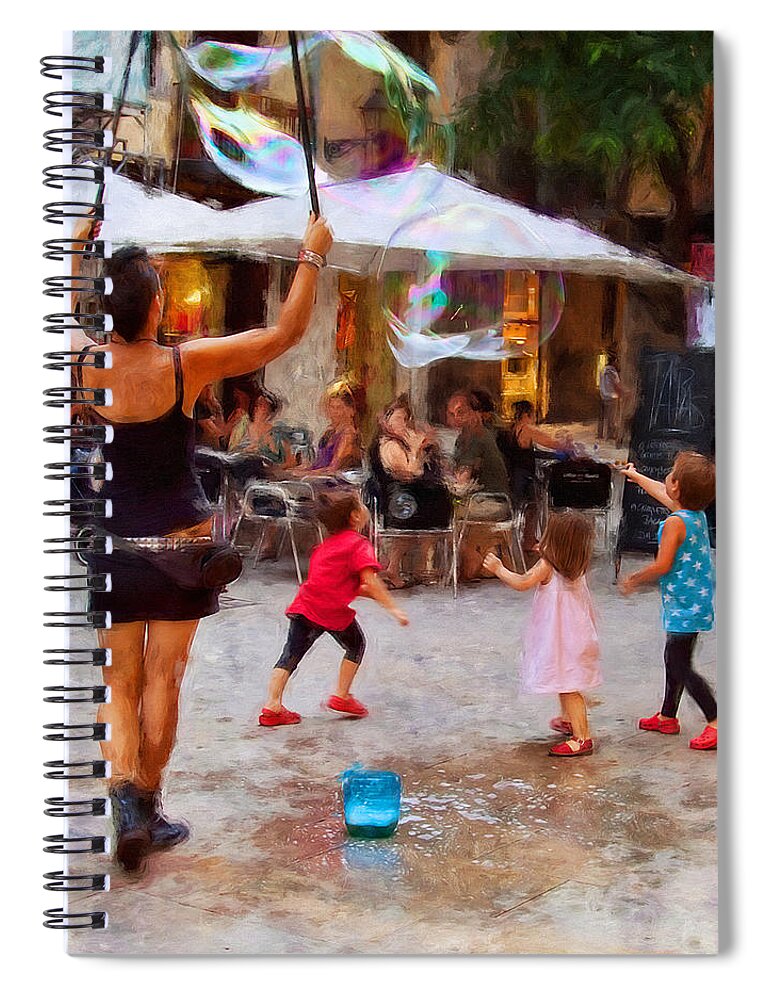 Soap Balloons Spiral Notebook featuring the mixed media Soap balloons play Barcelona by Tatiana Travelways