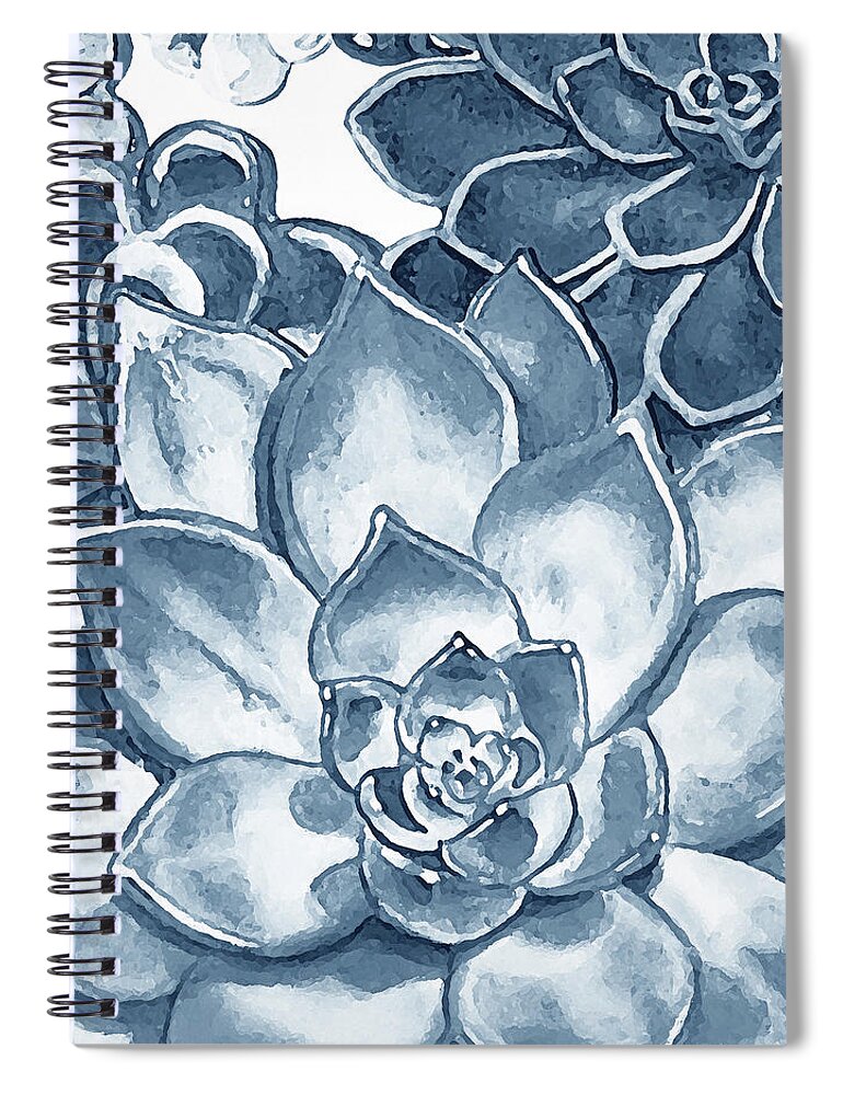 Blue Succulent Spiral Notebook featuring the painting Soft Indigo Blue Succulent Plants Garden Watercolor Interior Art VI by Irina Sztukowski