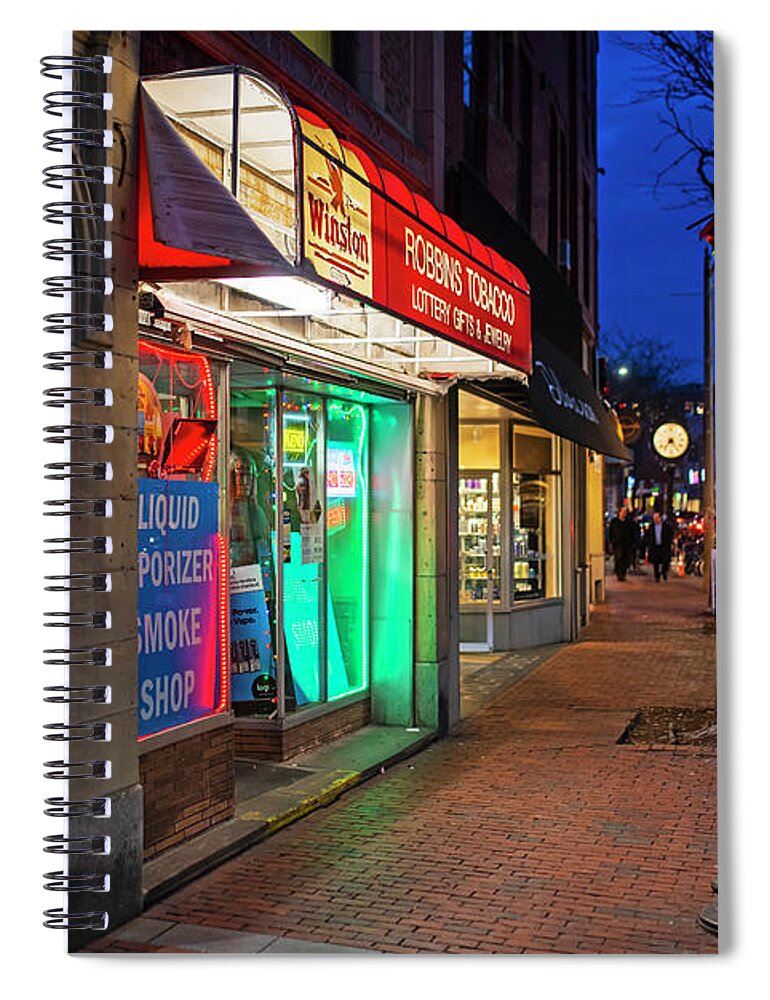 Somerville Spiral Notebook featuring the photograph Somerville Massachusetts Davis Square Robbins Tobacco Elm Street by Toby McGuire