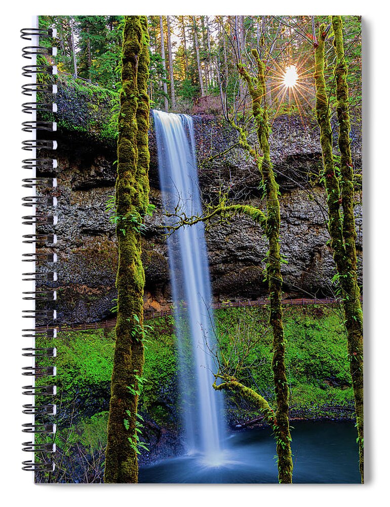 Silver Falls State Park; South Falls; South; Falls; Outdoor; Hike; Waterfall; Oregon; Winter; Sunset; River; Green; Tree; Star Sun; Beautiful; Silk; Silky; Spiral Notebook featuring the digital art South Falls in Winter by Michael Lee