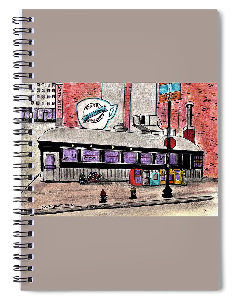 Paul Meinerth Spiral Notebook featuring the drawing South Street Diner by Paul Meinerth