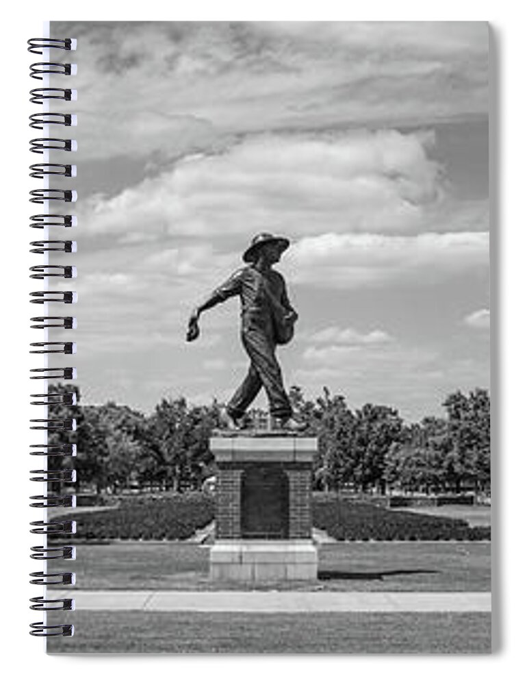 Sower Statue Spiral Notebook featuring the photograph Sower Statue on the campus of the University of Oklahoma in panoramic black and white by Eldon McGraw