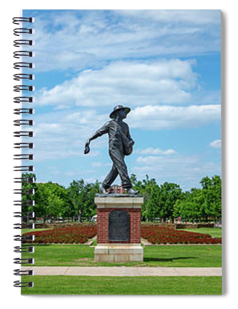 Sower Statue Spiral Notebook featuring the photograph Sower Statue on the campus of the University of Oklahoma panoramic view by Eldon McGraw