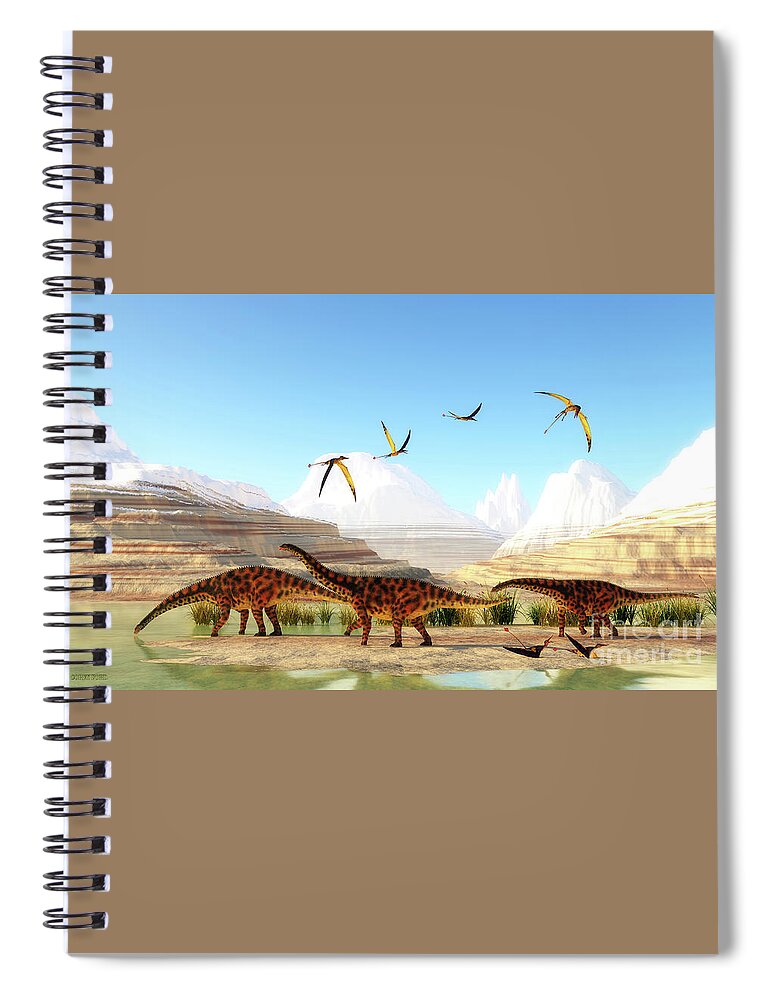 Spinophorosaurus Spiral Notebook featuring the digital art Spinophorosaurus Dinosaur Mountains by Corey Ford