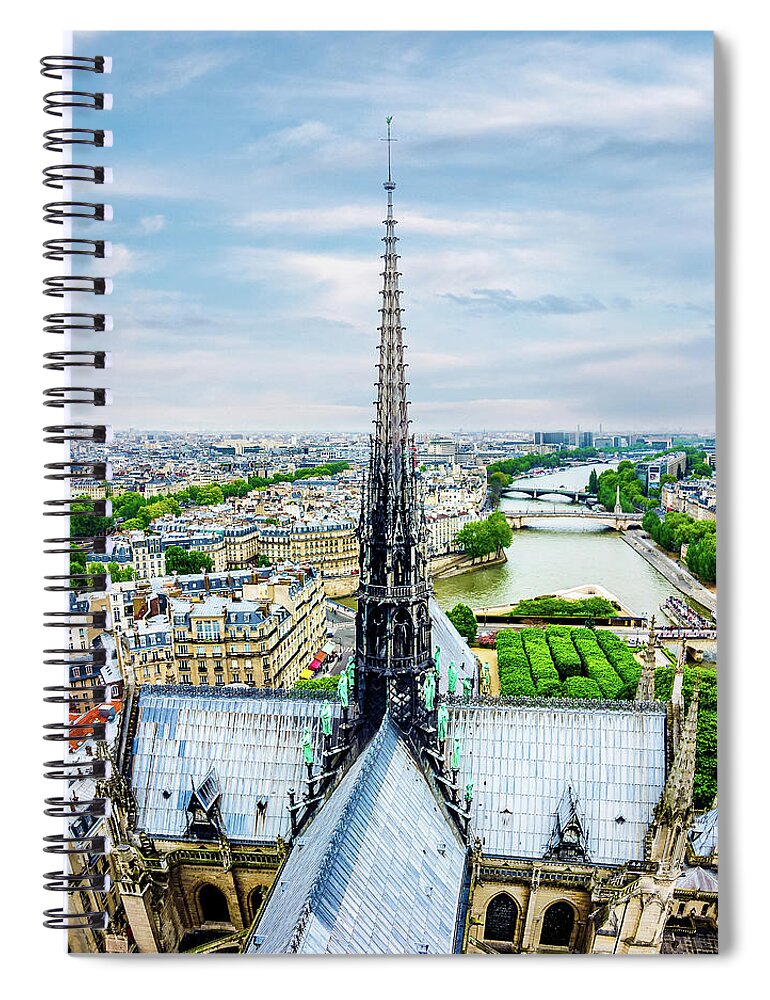 Notre Dame Spiral Notebook featuring the photograph Spire of Notre Dame Cathedral in Paris by Alexios Ntounas