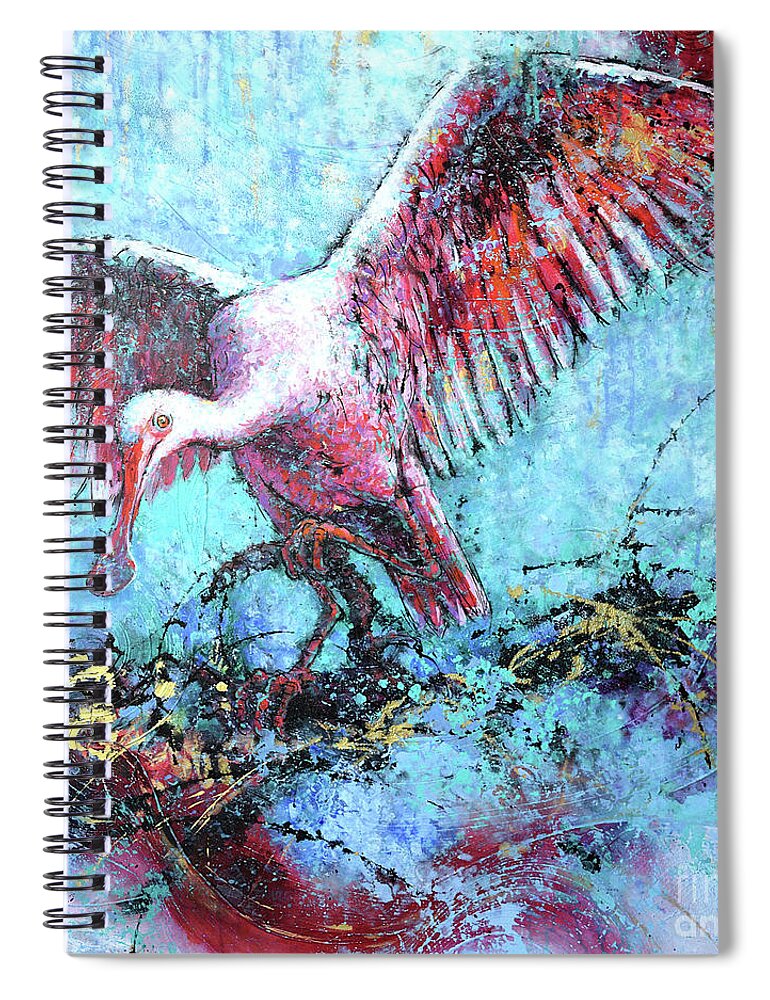  Spiral Notebook featuring the painting Spoonbill on a Misty Day by Jyotika Shroff