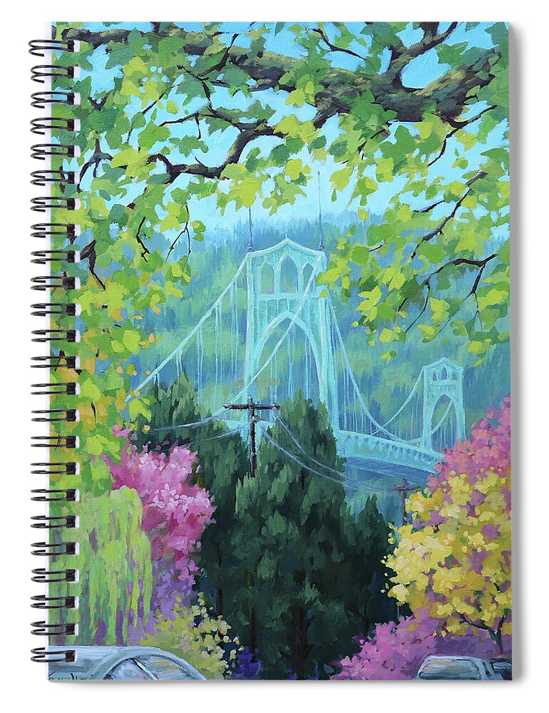 Portland Spiral Notebook featuring the painting Spring Bridge by Karen Ilari