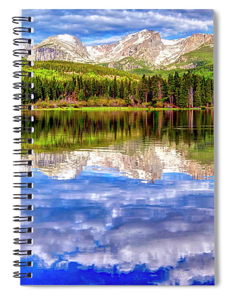  Spiral Notebook featuring the photograph Spring Morning Scenic View Of Sprague Lake Against Cloudy Sky by Lena Owens - OLena Art Vibrant Palette Knife and Graphic Design