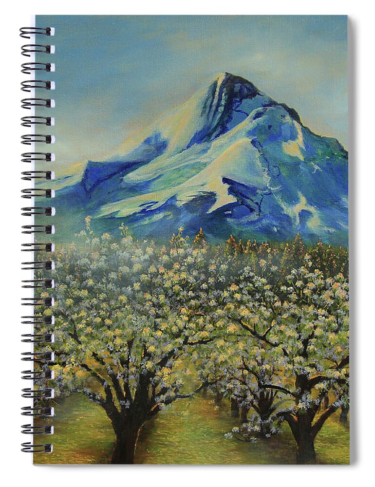 Landscape Spiral Notebook featuring the painting Spring Orchards and Mt. Hood by Jeanette French
