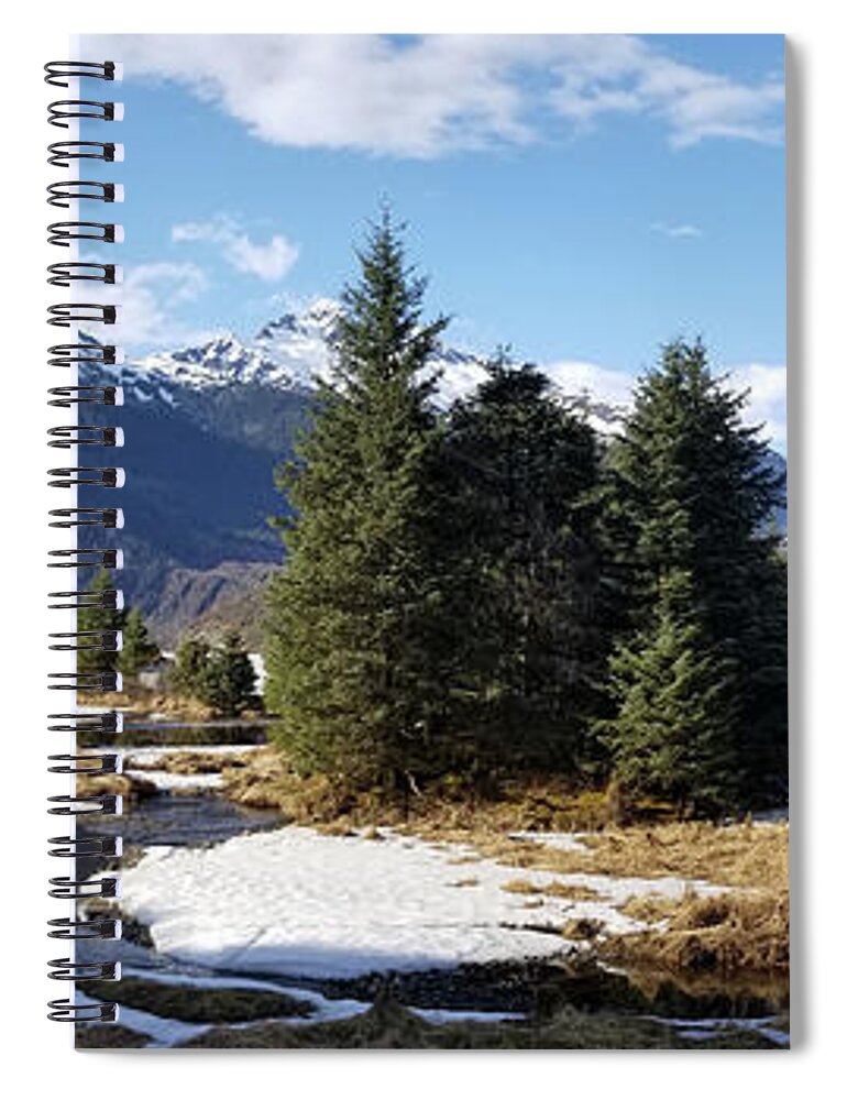 #alaska #ak #juneau #cruise #tours #vacation #peaceful #sealaska #southeastalaska #calm #mendenhallglacier #glacier #capitalcity #dredgelakes #forrest #stream #hike #hiking #snow #cold #clouds #spring #mtmcginnis #panorama #sprucewoodstudios Spiral Notebook featuring the photograph Springtime Glacier Obscured by Charles Vice