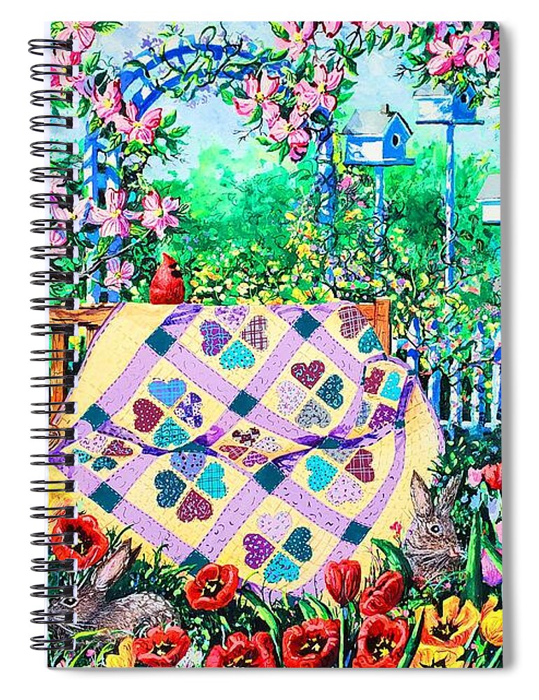 Garden Bench Spiral Notebook featuring the painting Springtime Hearts and Flowers by Diane Phalen