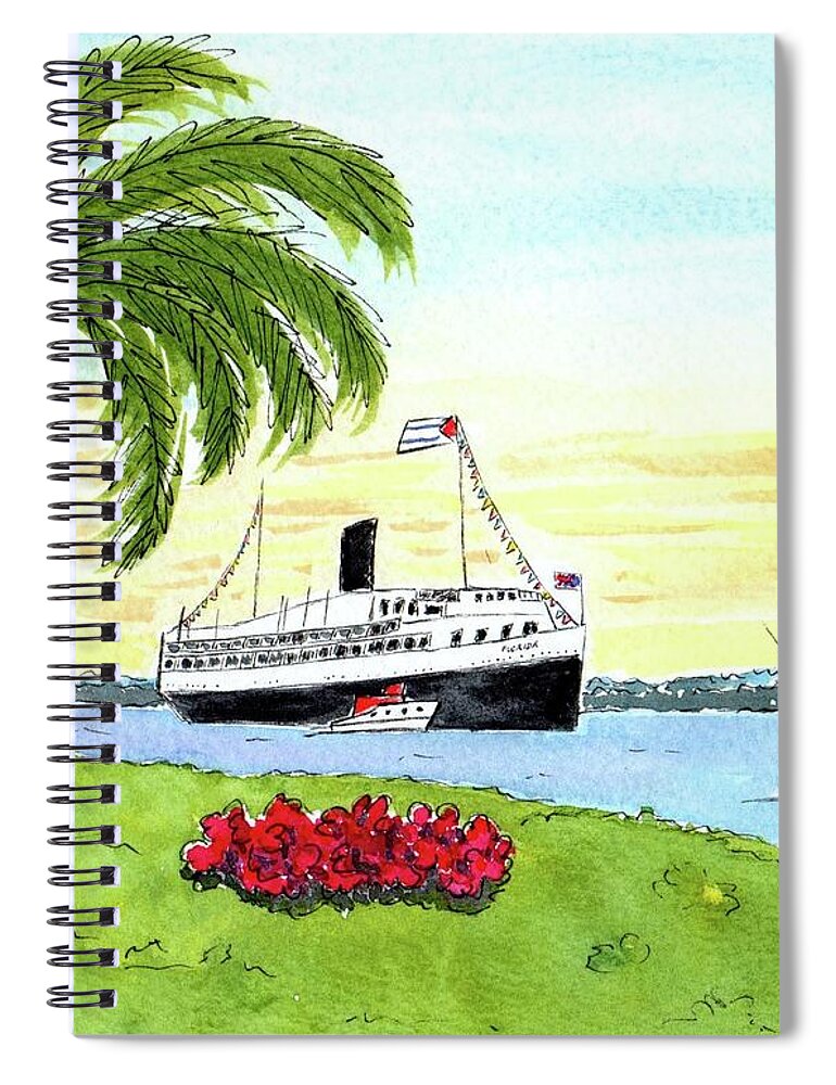 Vintage Post Card Spiral Notebook featuring the painting S.S. Florida Cruising into Miama by Donna Mibus