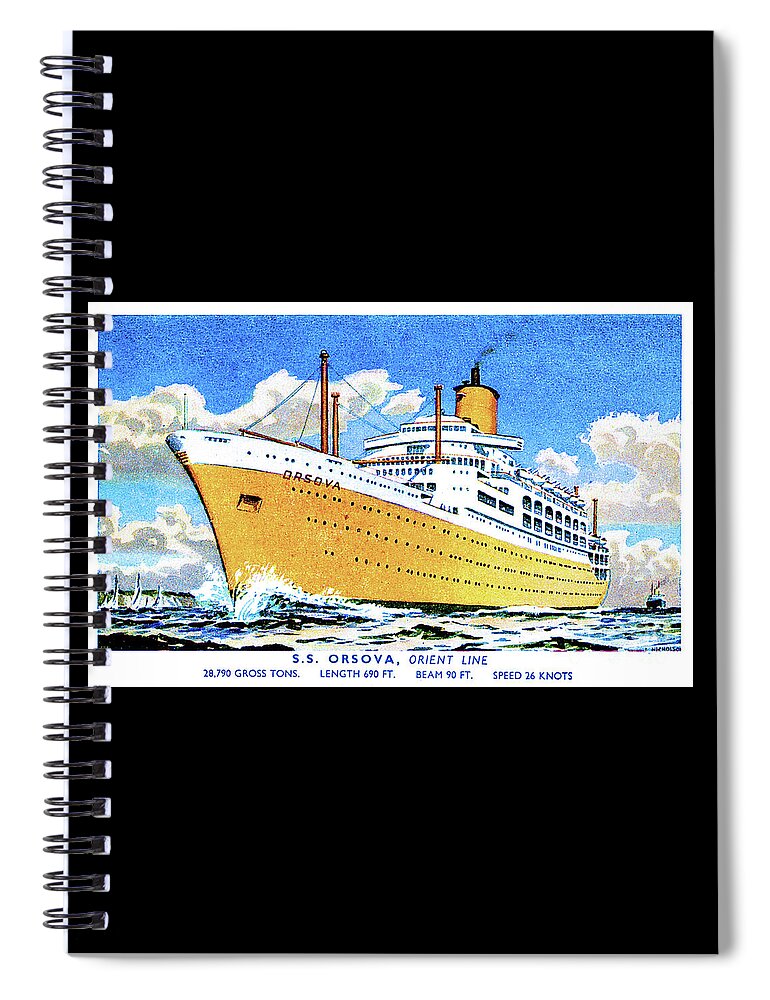 Ss Orsova Spiral Notebook featuring the painting SS Orsova Orient Lines 1953 Postcard by Unknown