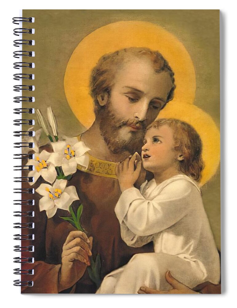 St Joseph Spiral Notebook featuring the mixed media St Joseph and Jesus Lilies by Unk