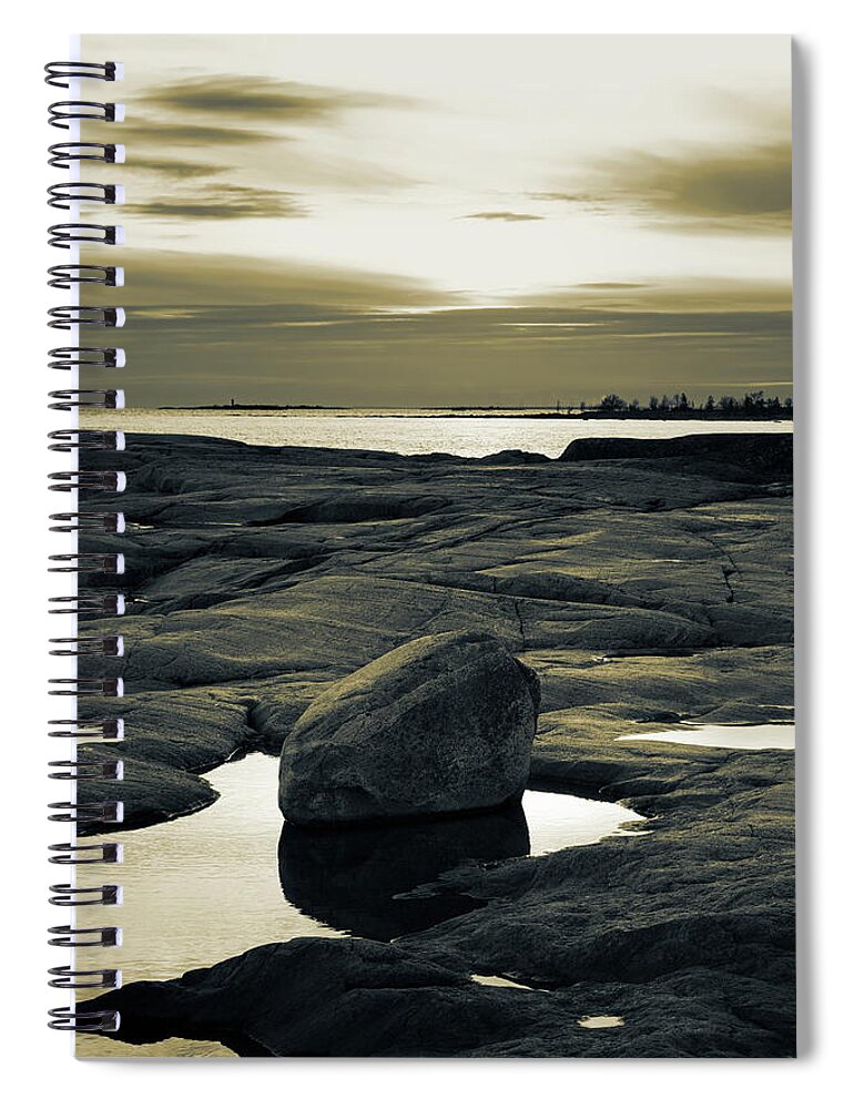 Baltic Sea Spiral Notebook featuring the photograph Standing at dusk at the rocky shore of the sea - duotone by Ulrich Kunst And Bettina Scheidulin