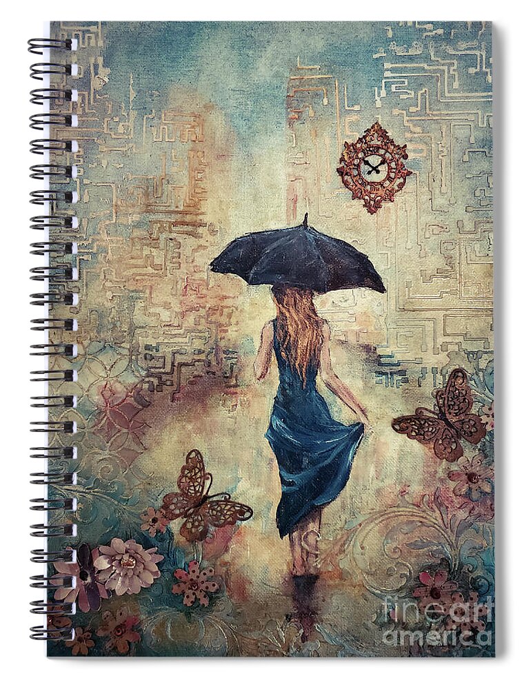 Rain Spiral Notebook featuring the mixed media Standing in the Rain by Zan Savage