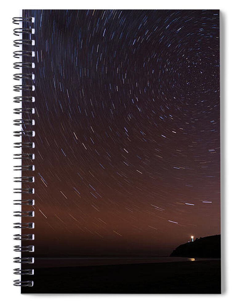 Outdoor; Beach; Cape Disappointment; Park; Astrophotography; Star Trails; Lighthouse; Pacific Ocean; Night Photography; Washington Beauty; Milky Way Spiral Notebook featuring the digital art Star Trails at Cape Disappointment State Park by Michael Lee
