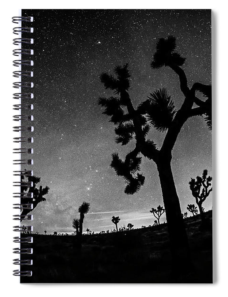 Joshua Spiral Notebook featuring the photograph Starry Sky over Joshua Tree Joshua Tree California Black and White by Toby McGuire