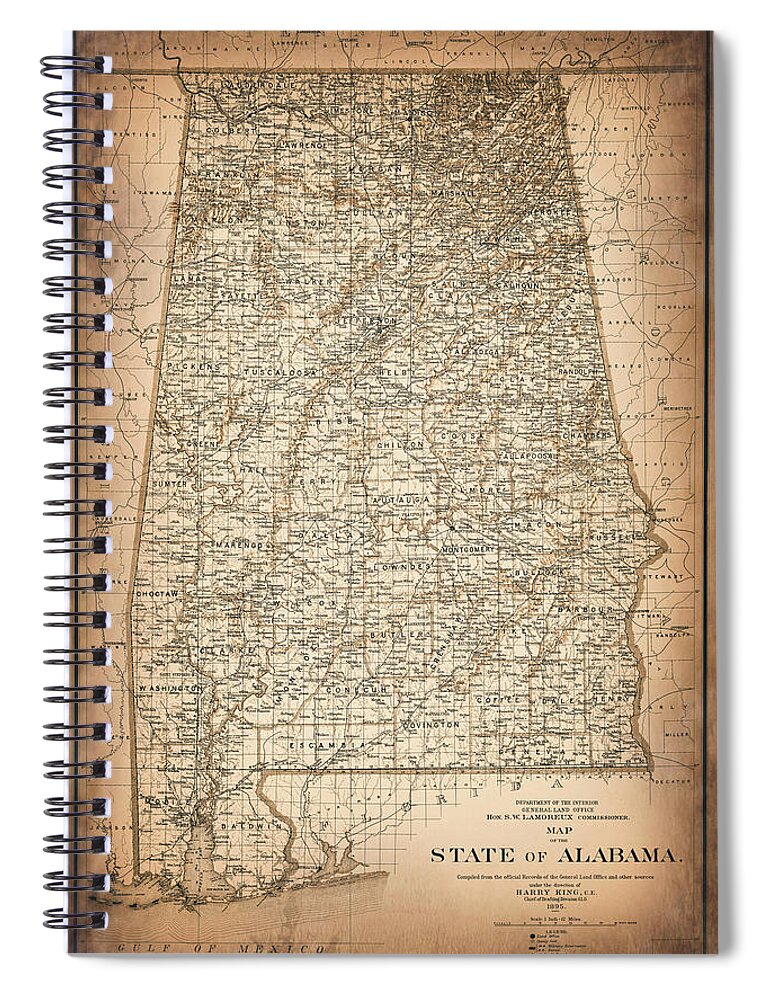 Alabama Map Spiral Notebook featuring the photograph State of Alabama Vintage Map 1895 Sepia by Carol Japp