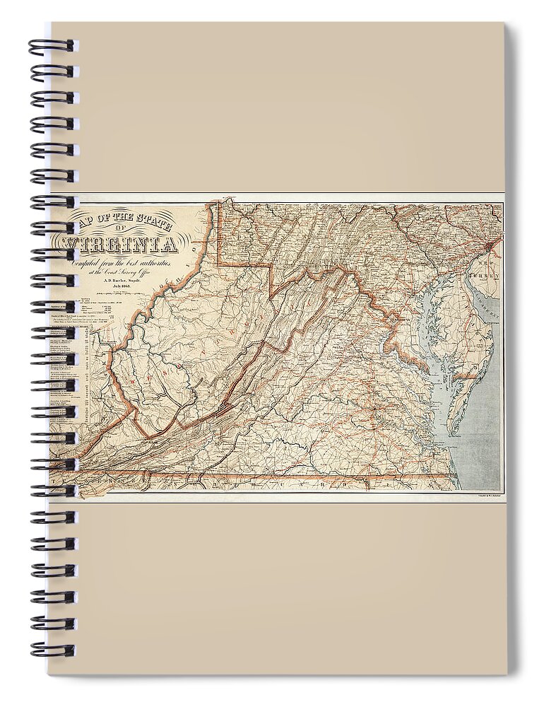 Virginia Spiral Notebook featuring the photograph State of Virginia Vintage Map 1863 by Carol Japp