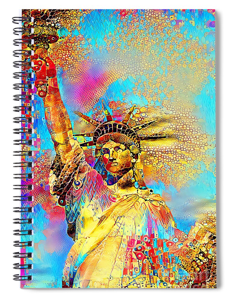 Wingsdomain Spiral Notebook featuring the photograph Statue of Liberty in a Gustav Klimt World 20210701 v2 by Wingsdomain Art and Photography