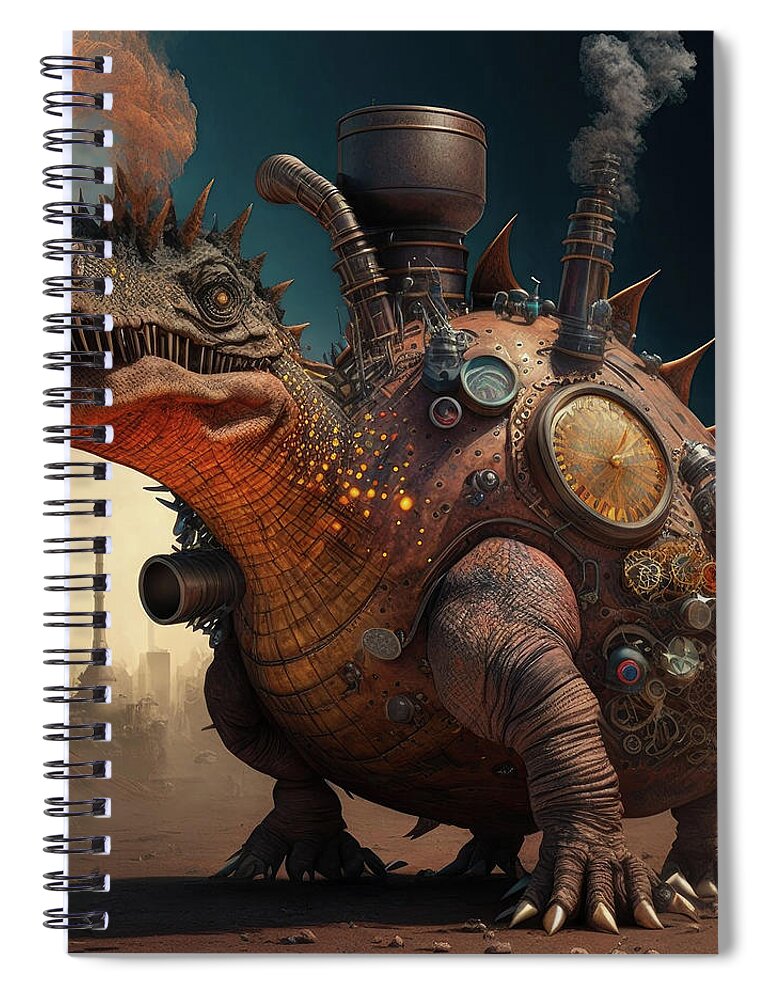 Generative Spiral Notebook featuring the photograph Steampunk stegosaur dinosaur with erupting volcano, generative A by Steve Estvanik