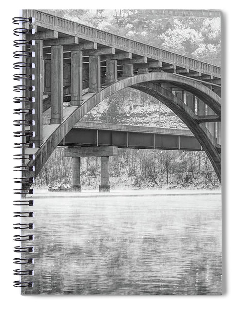 Branson Spiral Notebook featuring the photograph Steamy Winter Morning Branson Bridge Grayscale by Jennifer White